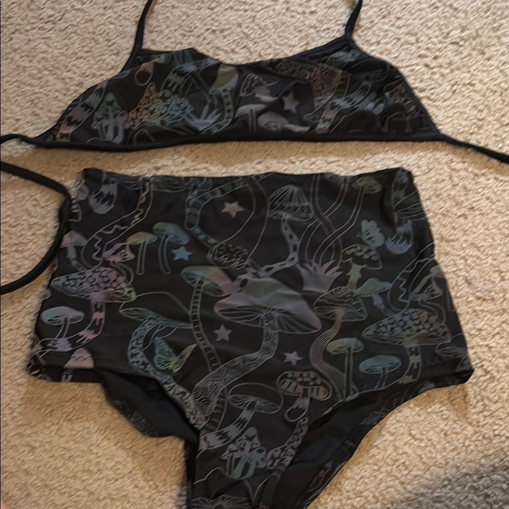 Black High-Waisted Bikini with reflective Mushroom Print